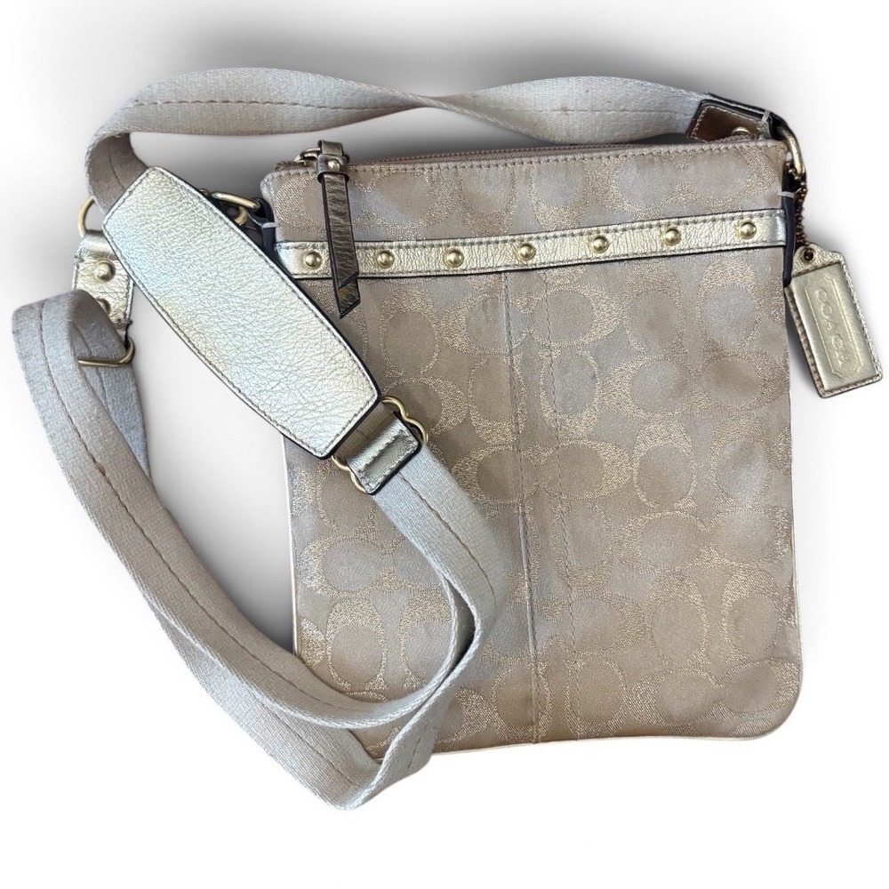 Coach Crossbody Bag Womens Signature File Purse Gold Jacquard Canvas Studded Y2K